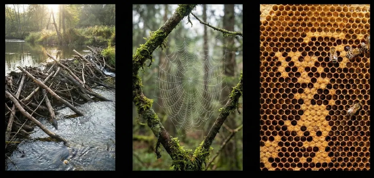 Trois ouvrages du vivant : barrage de castor, toile d’araignée, alvéoles d’abeilles